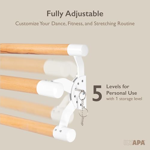 Ilyapa Ballet Barre Bare for Home - Wood Adjustable Wall Mount Ballet Bar Dance Equipment for Barre Workout & Ballet Stretching, Powdercoated White Brackets - size: 5 Ft 8 in.