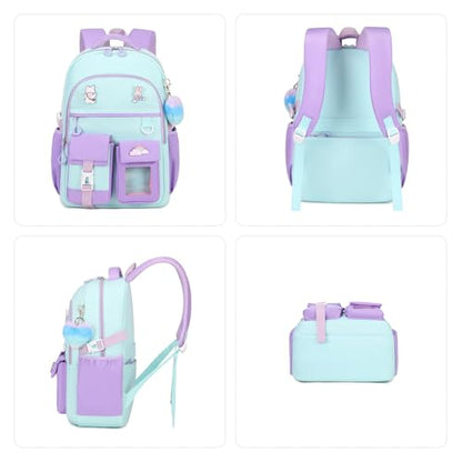 Girls Backpack, Lightweight Kids Backpack Kawaii School Backpacks Bookbag for Primary Elementary School,Age 6-14 years,Black Match Purple (Luggage Strap Ver) - color: 1pc-green & Purple(luggage Strap Ver)