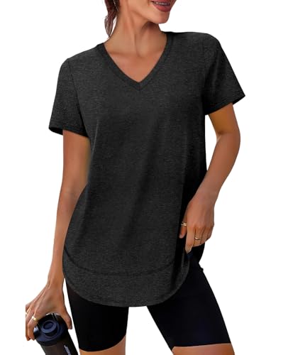 XIEERDUO Womens Workout Tops Short Sleeve Shirts Sun Protection UPF 50+ Quick Dry Outfits for Hiking Running V Neck S-3XL - color: 02 Black, size: Small