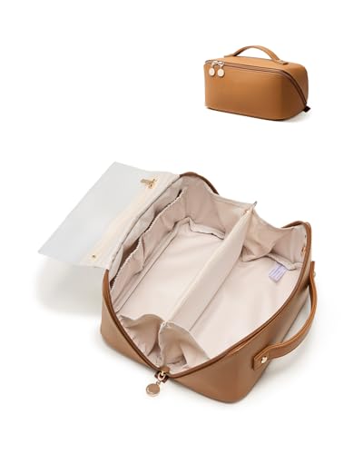 EACHY Travel Makeup Bag, Large Capacity Cosmetic Bag for Women, Waterproof PU Leather, Flat Open Portable Toiletry Bag for Skincare, Brushes & Travel Essentials - color: AR-Brown, size: Medium