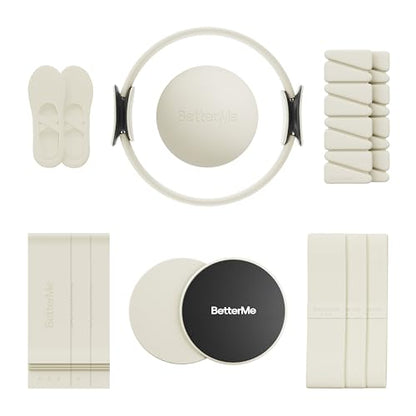 BetterMe Pilates Studio Kit – Pilates Ring, Pilates Ball, Resistance Bands & Sliders – Complete Pilates Equipment Set for Women – Home & Studio Pilates Workout Kit - color: Ivory