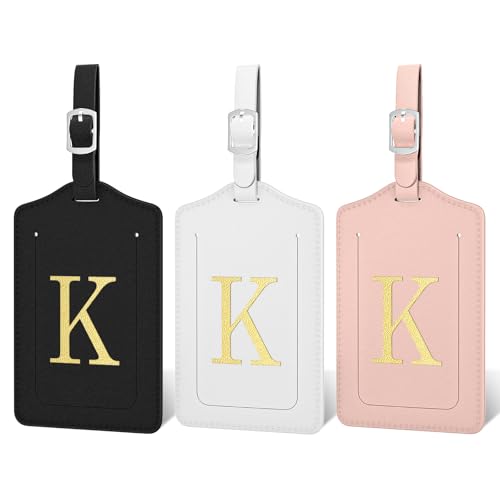 Initial Luggage Tags for Suitcases, 3 Pack TSA Approved Easy to Identify Leather Letter K Travel Tags for Luggage, Travel Essentials Bag Tag Suitcase Identifiers, Cute Hot Stamped Monogram - color: Initial-k