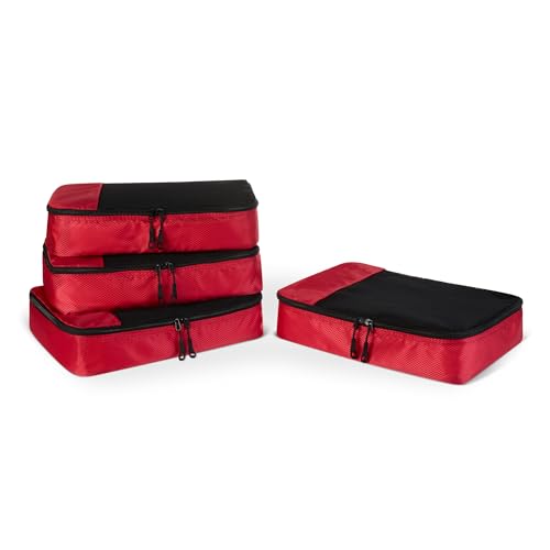Amazon Essentials 4-Piece Packing Cubes Travel Accessories Set, Luggage Organizer with Double Zipper, Mesh Top, Space-Saving, Medium, Red (Previously Amazon Basics) - color: Red, size: 4 x Medium
