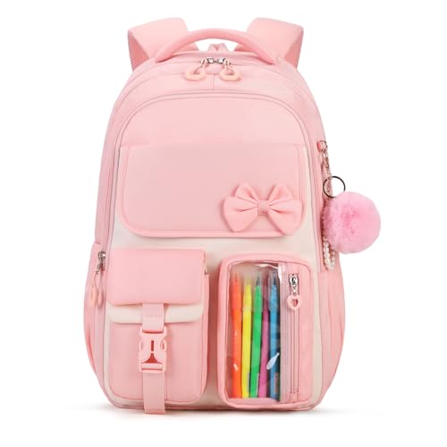Girls Backpack, School Backpack for Girls, Cute Bow Kids Bookbag for Grils Children Teens for Elementary Middle High School Student, Pink - color: Pink