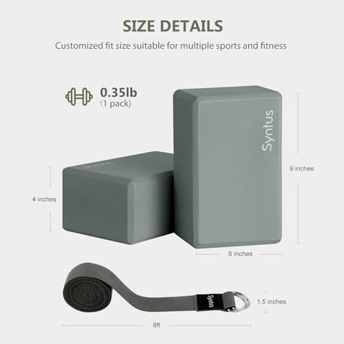 Syntus Yoga Block and Yoga Strap Set, Soft Non-Slip Yoga Blocks 9×6×4 inches, 8FT Metal D-Ring Strap for Yoga, General Fitness, Pilates, Stretching and Toning - color: Grey