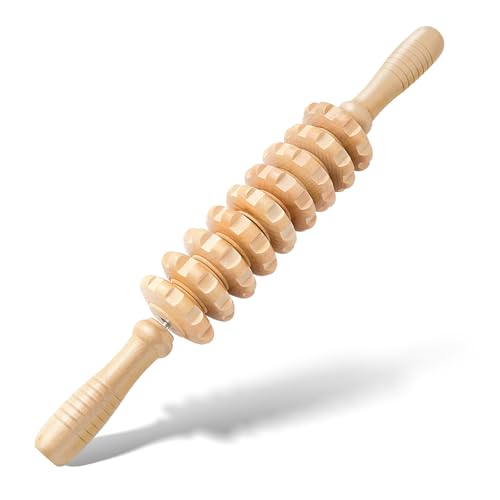 Wooden Cellulite Massage Roller for Legs and Thighs - Handheld Fascia Blaster Tool for Muscle Relief, Lymphatic Drainage & Body Sculpting - Anti Cellulite Massager for Women and Men (9 Wheel) - color: Wooden Straight