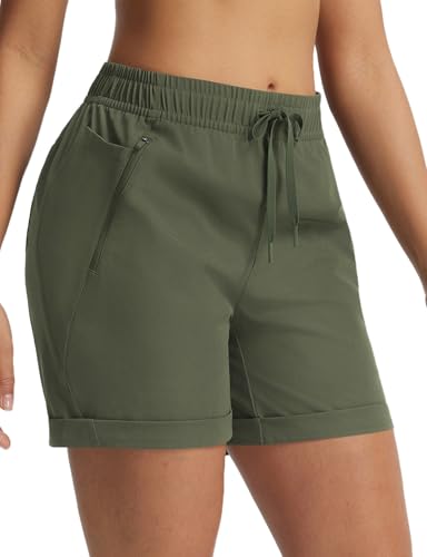 baleaf Women's Hiking Shorts 5" Lightweight Quick Dry Travel Shorts with Zipper Pockets for Golf Walking Summer Wear - color: Army Green, size: Large