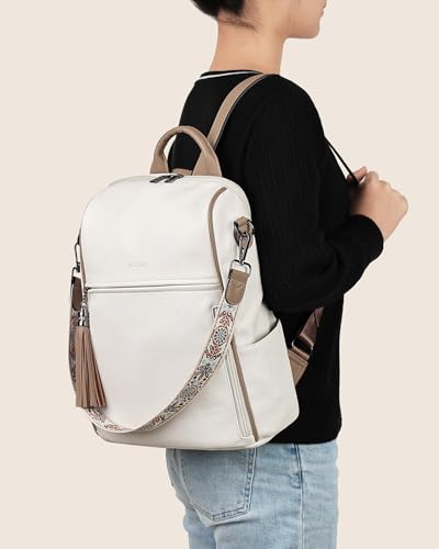 FADEON Leather Backpack Purse for Women Designer Travel Backpack Purses PU Fashion Ladies Shoulder Bag with Tassel - color: 1 White Retro Style