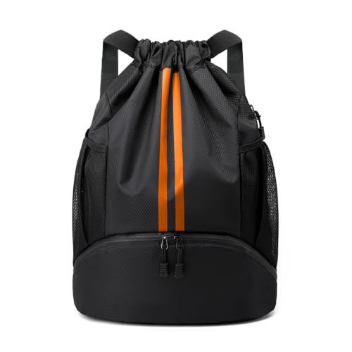 JELUTAR Drawstring Backpack Gym Bag with Shoes Compartment, Black Orange - color: Black Orange, size: Medium