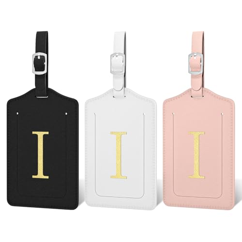 Initial Luggage Tags for Suitcases, 3 Pack TSA Approved Easy to Identify Leather Letter I Travel Tags for Luggage, Travel Essentials Bag Tag Suitcase Identifiers, Cute Hot Stamped Monogram - color: Initial-i