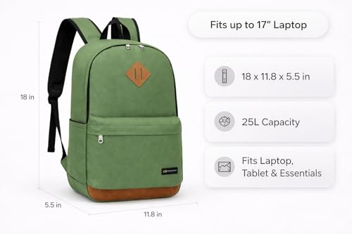 TRAILKICKER Green School Backpack, 17 Inch Laptop Backpack for College, Work & Travel, Lightweight Water-Resistant 25L Bookbag with Side Pockets - color: Green