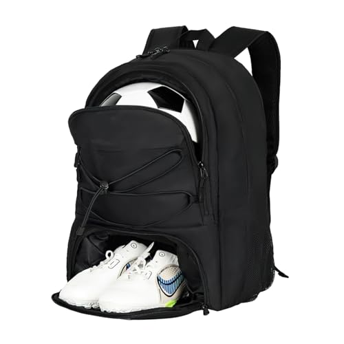 Soccer Backpack with Separate Ball Compartment, Large Capacity Sports Training Bag with Shoes Compartment, Air Vent - color: Black