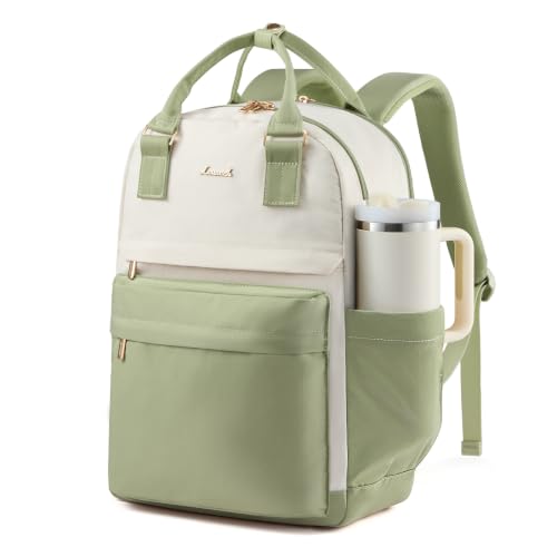 LOVEVOOK Laptop Backpack for Women with Giant Tumbler Holder Pocket, 15.6 inch Laptop Computer Bag Travel Backpack Purse, Waterproof Work Nurse Teacher Bag College School - color: Pea Green & Beige, size: 15.6 Inch-cup