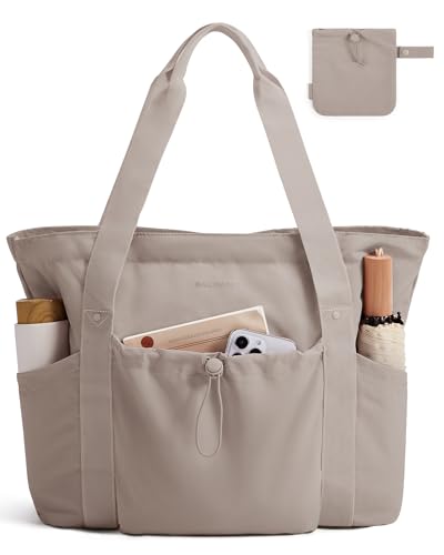 BAGSMART Foldable Tote Bag with Drawstring Bag, Tote Bag Shoulder Bag Top Handle Handbag for Travel, Work, Beach, Gym - color: Grayish Brown, size: One Size