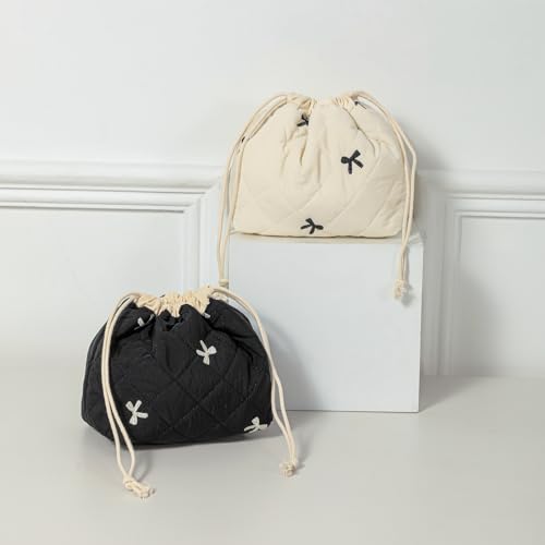uekeboag Cotton Quilted Drawstring Makeup Bag with Canvas Lining,Coquette Aesthetic Cute Travel Toiletry Bag,Drawstring Gift Bag for Women and Girls（06Black Bows） - color: 06Black Bows