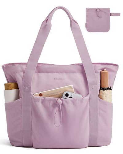 BAGSMART Foldable Tote Bag with Drawstring Bag, Tote Bag Shoulder Bag Top Handle Handbag for Travel, Work, Beach, Gym - color: Purple, size: One Size