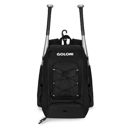Goloni 40L Baseball Bag, Softball Bat Bag with Shoes Compartment,Fence Hook,Backpack for Baseball, T-Ball & Softball Equipment & Gear - color: Black