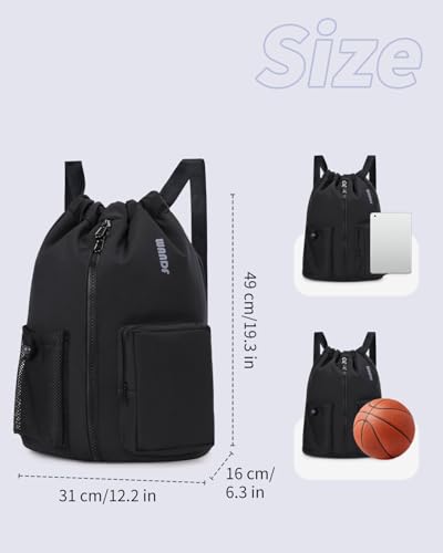 WANDF Drawstring Backpack Sports Gym Bag with Shoes Compartment, Water-Resistant String Beach Sackpack Swim Bag for Women and Men (Black) - color: Black