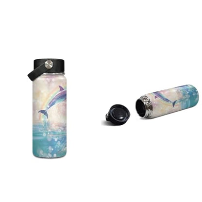 ZOUTAIRONG Rainbow Dolphins School Bags and Mini Water Bottle Large Capacity Bookbags Set Casual Backpack with Side Pockets for Small Thermos - color: Rainbow Dolphins