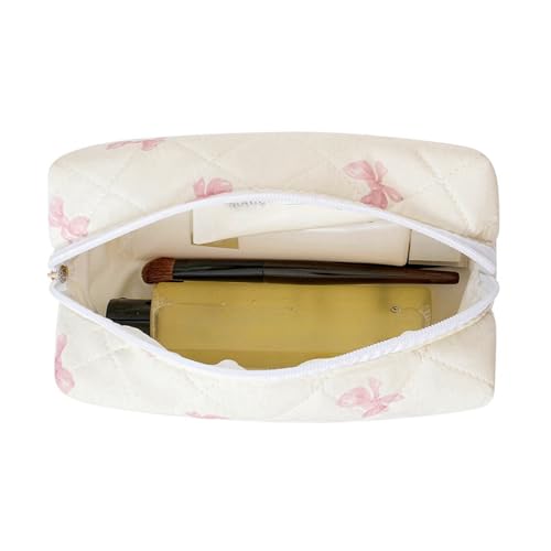 Cute Floral Makeup Bag Small Cotton Quilted Cosmetic Bag, Aesthetic Essential Bag Emergency Bag Gift for Women Girls Travel Accessories (Pink Small Bowknot) - color: A3 Pink Small Bowknot