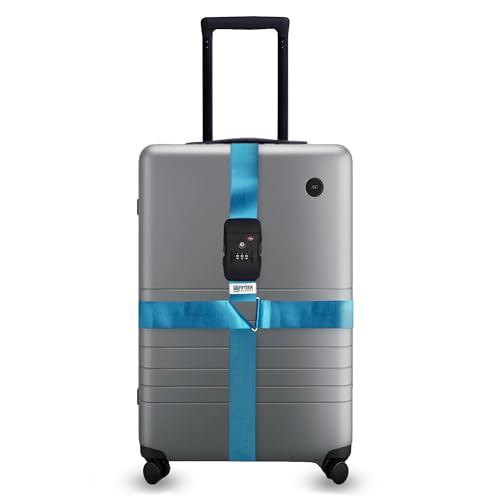 Nylon Luggage Straps for Suitcases | TSA Approved Adjustable Strap w/ 3-Digit Combo Lock | Heavy Duty Belt for 20-32 Inch Suitcases | Travel Luggage Belt Strap for Easy Identification (Neon Blue) - color: Neon Blue