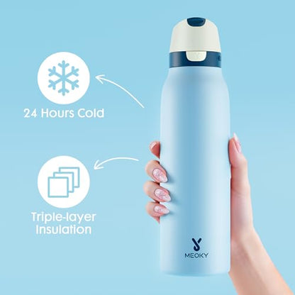 Meoky 24 oz Travel Water Bottle Insulated: Leak Proof Locking Lid, 2-in-1 Straw and Spout, 24 Hours Cold, Top Handle, Fits in Car Cup Holder, Stainless Steel Slim Water Bottle for Hiking, Cove - color: Cove