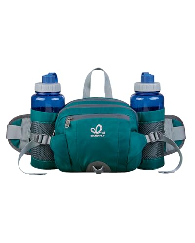 WATERFLY Fanny Pack Waist Bag: Fannie Pack 2 Water Bottle Holders Lumbar Belt Hiking Walking Running Jogging Camping Large Woman Man (Bottle Not Included) - color: Green