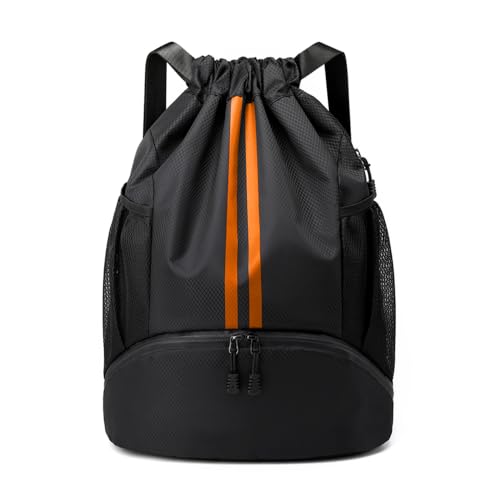JELUTAR Drawstring Backpack Gym Bag with Shoes Pocket, Black Orange - color: Black Orange, size: Large