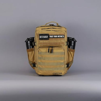 WOLFpak 35L Athletic Gym Backpack - Durable 1000D Waterproof Oxford Material with MOLLE Webbing, Laptop Pocket & Dual Cup Holders, Durable Fitness/Travel/Military Daypack (Khaki) - color: Khaki