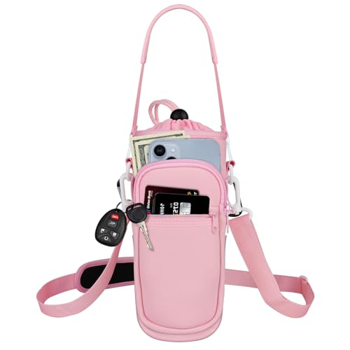 Water Bottle Holder with Strap, Water Bottle Carrier Bag with Phone Pocket, Shoulder Hand Strap Insulated Neoprene 32/40 oz Water Bottle Sleeve for Walking Hiking Camping Gym - color: 4 PINK, size: under 32oz