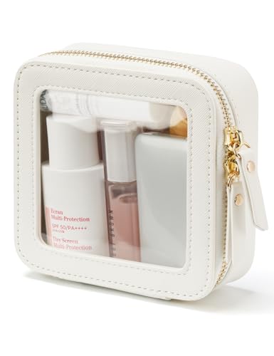 Small Cosmetic Bag for Purse Mini Makeup Bag for School Cute Clear Make Up Pouch for Travel Tiny Leather White Make Up Organizer Case for Backpack Toiletry Bag Waterproof Square Pouch with Zipper - color: White, style: Mini Chic