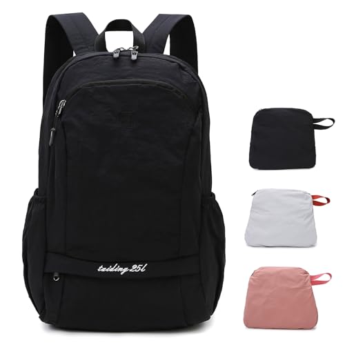 25L Collapsible Hiking Backpack with Chest Strap for Men, Foldable Lightweight Gym Backpack with Waterproof Wet Pocket, Black - color: Black