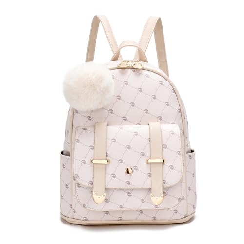 I IHAYNER Girls Fashion Backpack Mini Backpack Purse for Women Teenage Girls Purses PU Leather Pompom Backpack Shoulder Bag - color: Beige