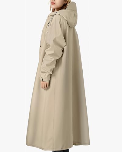 Rain Jacket Women with Hooded Waterproof Lightweight Packable Long Raincoat Poncho for Men Adults - color: Khaki, size: Medium