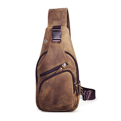 Le'aokuu Men Fashion Casual Tea Designer Travel Hiking Crossbody Chest Sling Bag Rig One Shoulder Strap Bag Men Leather 8015 | Fashion - color: C Brown
