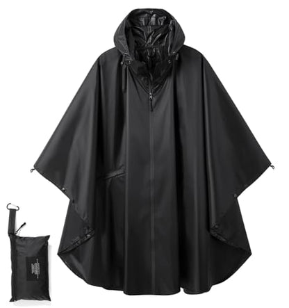 Fashion Hooded Rain Poncho Waterproof Raincoat Jacket with pocket for Women/Men/Adult - color: Black