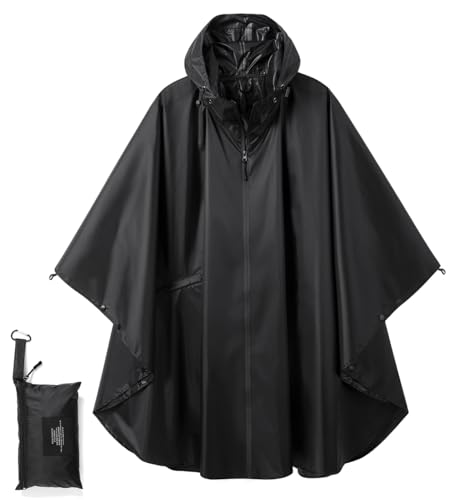 Fashion Hooded Rain Poncho Waterproof Raincoat Jacket with pocket for Women/Men/Adult - color: Black