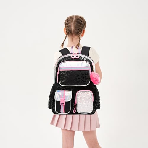 Meetbelify Cute Black School Backpack for Girls Aesthetic Backpacks for Elementary Student Teen Girls School Bag Kids Travel Bookbag for Girls Ages 8-10 - color: Black
