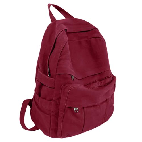 Burgundy Red Canvas Backpack for Women Retro Aesthetic Rucksack Basic Backpack for High School/College Students Travel Laptop Bag - color: Burgundy Red