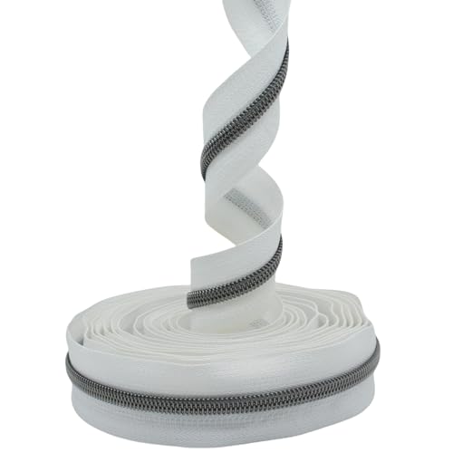 MebuZip #5 Gunmetal Metallic Nylon Coil Zippers by The Yard Bulk Coil Zipper Roll 10 Yards with 25pcs Pulls for DIY Sewing Craft Bags (White) - color: Gunmetal White