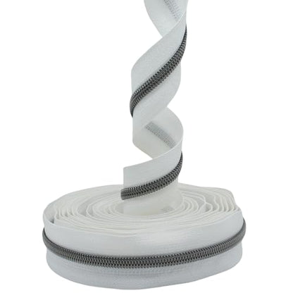 MebuZip #5 Gunmetal Metallic Nylon Coil Zippers by The Yard Bulk Coil Zipper Roll 10 Yards with 25pcs Pulls for DIY Sewing Craft Bags (White) - color: Gunmetal White