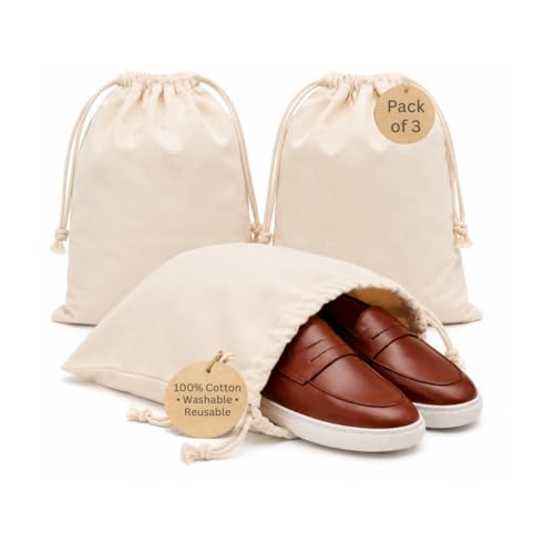 Cotton Shoe Bags with Drawstring | Dustproof, Washable Travel Shoe Pouch | Natural Canvas Organizer for Men & Women | Fits Sneakers, Sandals, Slippers | 14” x 17” (Pack of 3) - color: Cotton, style: Pack 3