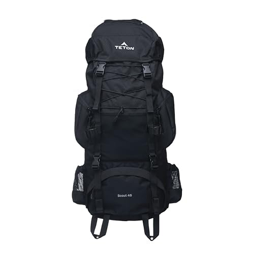 Teton 45L Scout Internal Frame Backpack for Hiking, Camping, Backpacking, Travel, Rain Cover Included, Black - color: Black, size: 45L