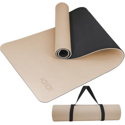 Yoga Mat with Strap,Non-Skid Workout Mat,8mm Thick Yoga Mat,POE Yoga Mats for Women Men Kids,Exercise Mat with Easy-Cinch,72"x24"x0.32” (183x61x0.8cm) - color: Beige+Black