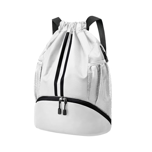 Hoedia Sports Drawstring Backpack - String Swim Gym Bag with Shoes Compartment and Wet Proof Pocket for Women and Men - color: White, size: Medium