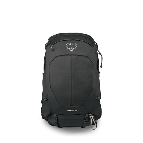 Osprey Stratos 34L Men's Hiking Backpack - Camping Bag with Waterproof Raincover, Bottle Pockets, & Gear Straps, Raven Black - color: Raven Black, style: 34l