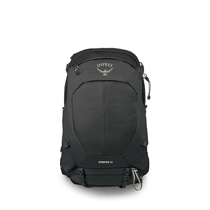 Osprey Stratos 34L Men's Hiking Backpack - Camping Bag with Waterproof Raincover, Bottle Pockets, & Gear Straps, Raven Black - color: Raven Black, style: 34l