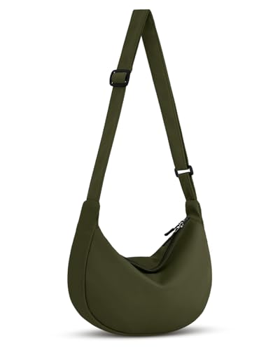 Crossbody Crescent Bag for Women Men Trendy, Crescent Sling Bag with Adjustable Strap, 2 Zippers Lightweight - color: Olive Green