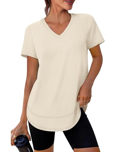 XIEERDUO Womens Workout Tops Short Sleeve Shirts Sun Protection UPF 50+ Quick Dry Outfits for Hiking Running V Neck S-3XL - color: 03 Apricot Cream White, size: XX-Large