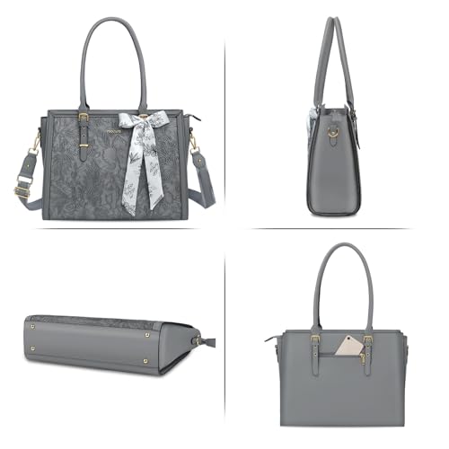 MOSISO Laptop Bag for Women, 17-17.3 inch PU Leather Tote Bag Compatible with MacBook, HP, Dell, Asus Notebook, Front Embossed Retro Hibiscus Computer Bags with Silk Scarf&Clutch Purse, Gray - color: Gray, size: 17.3 inch